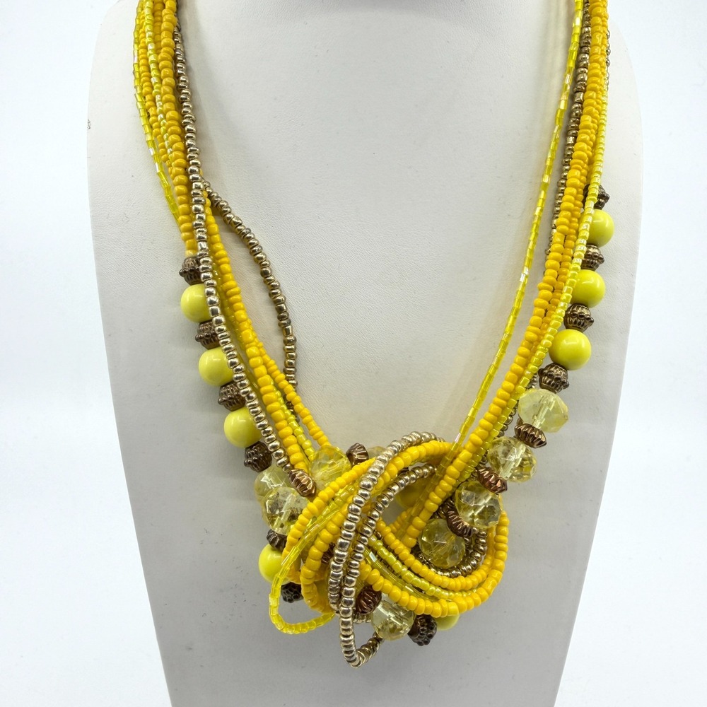 Boho Multi-Strand Yellow & Metallic Bead Statement Necklace